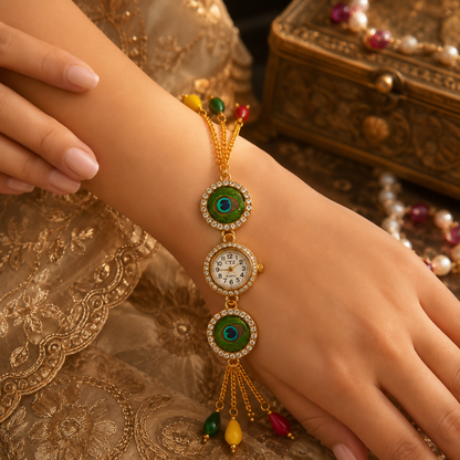A woman's wrist wears a gold-tone bracelet watch featuring two peacock eye designs, a central watch face, and colorful