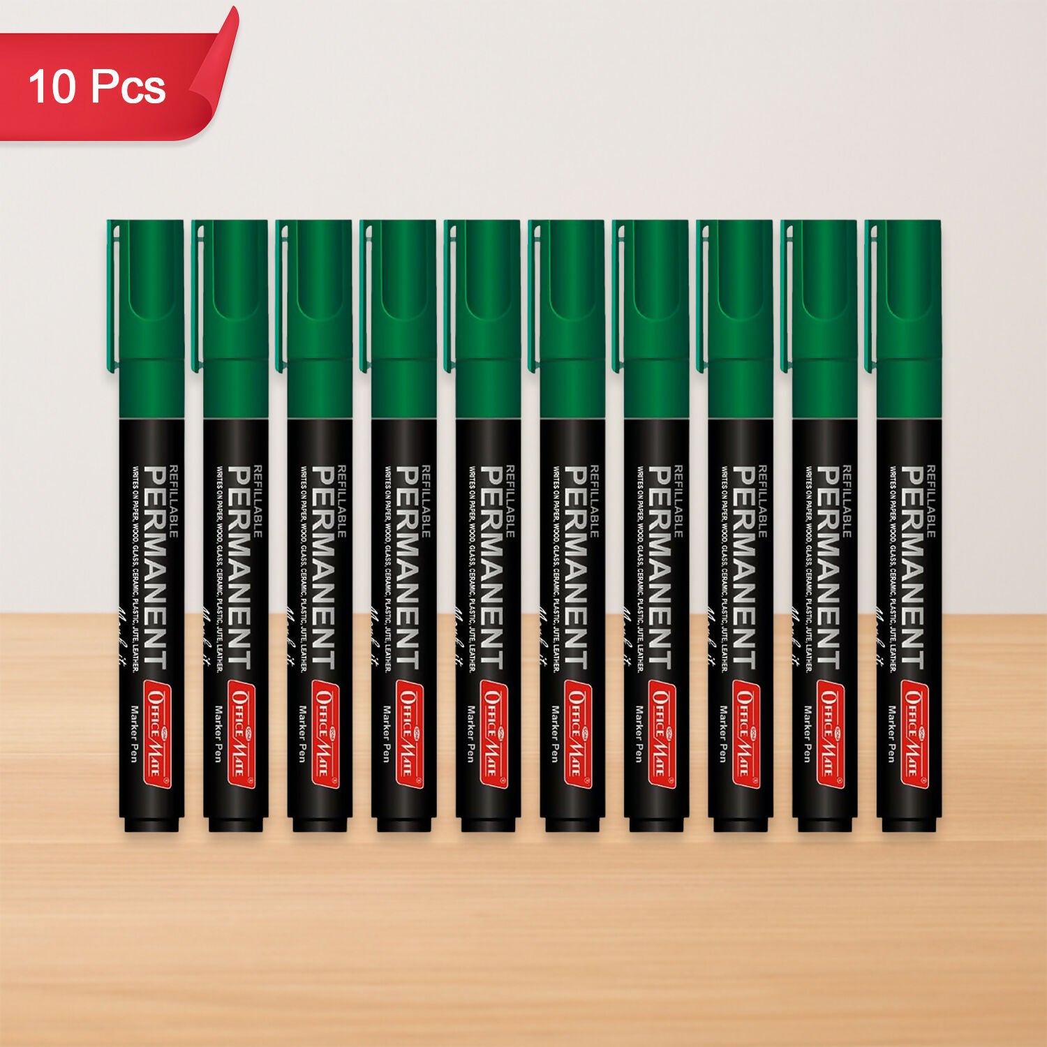 Refillable Permanent Marker Pen – Green Ink, 10 Piece Combo