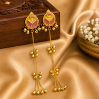 Ethnic Gold-Tone Artificial Long Chain Earrings with Pink Meenakari Work & Ghungroo Tassels (Imitation Jewellery)