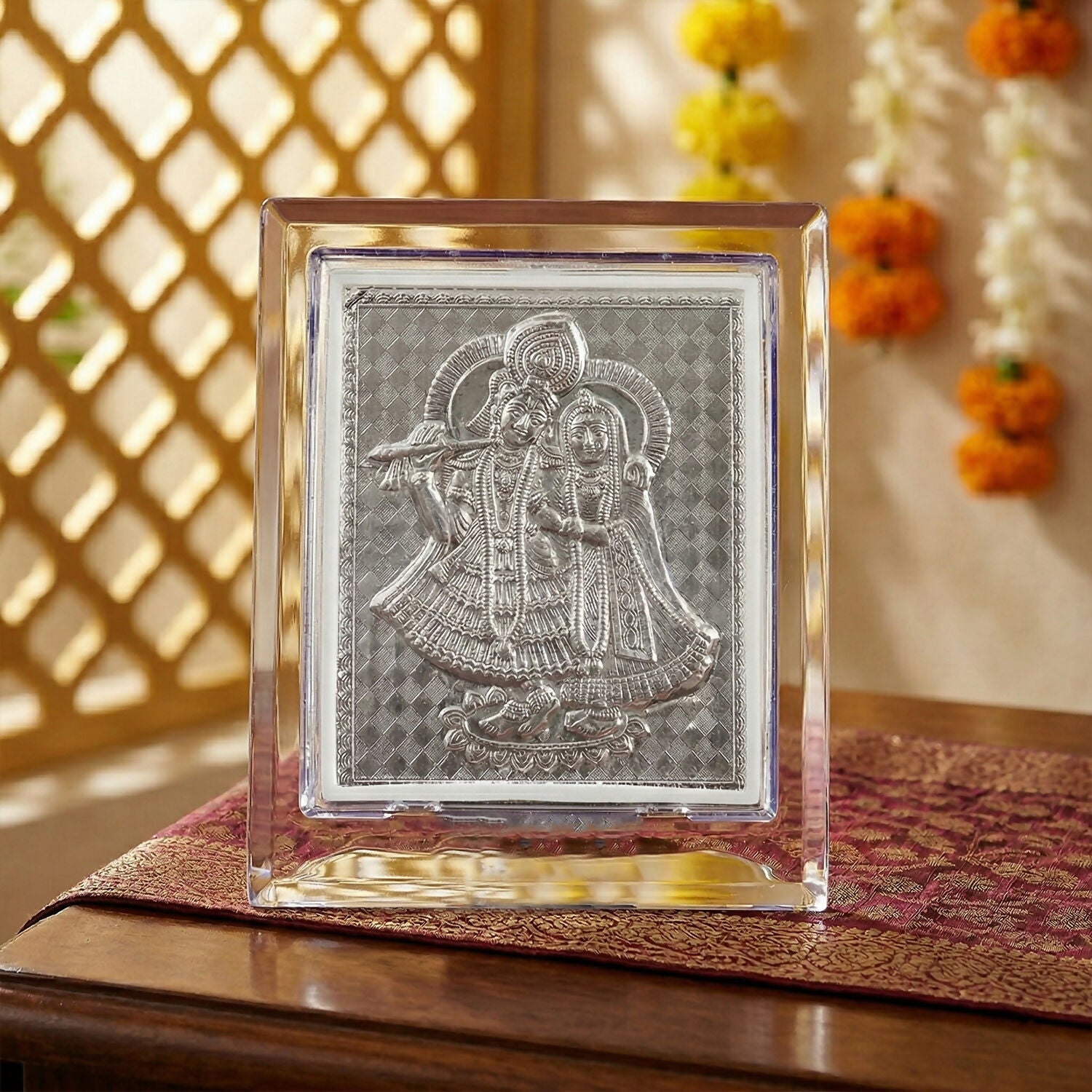 Silver Radha Krishna Decorative Plaque in Premium Acrylic Frame for Pooja and Home Decor