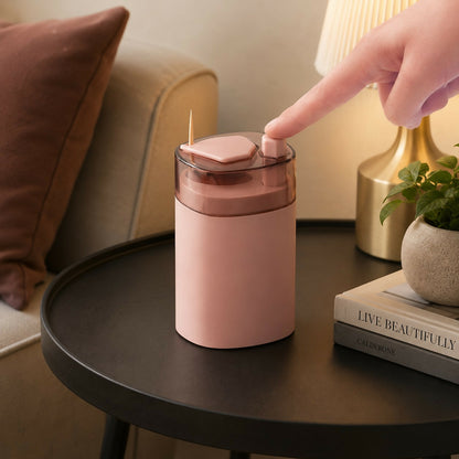 Push button toothpick holder dispenser side view