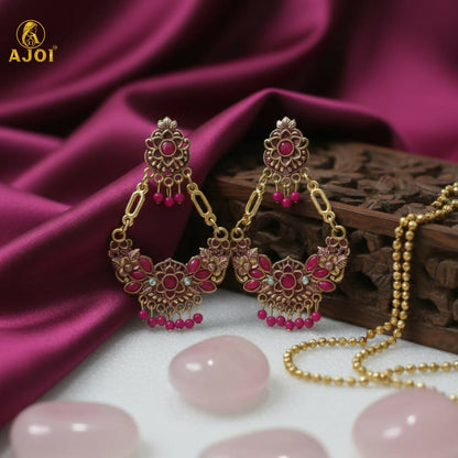 Antique Gold-Plated Pink Stone Floral Chandbali Earrings for Women