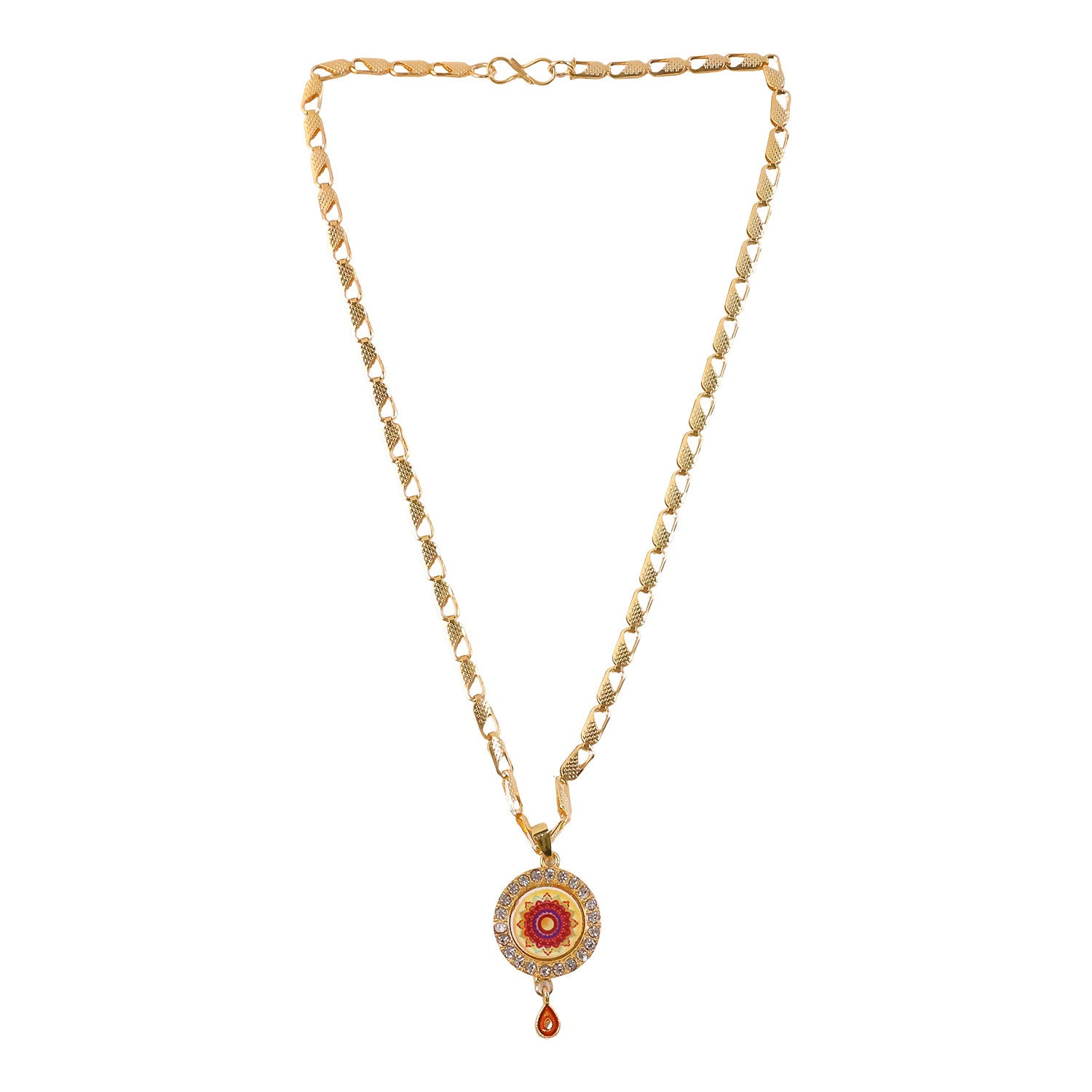 Gold Pendant Necklace with Mandala Design & Stone Detailing