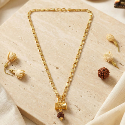 Stylish gold pendant necklace featuring Rudraksha bead and divine symbols
