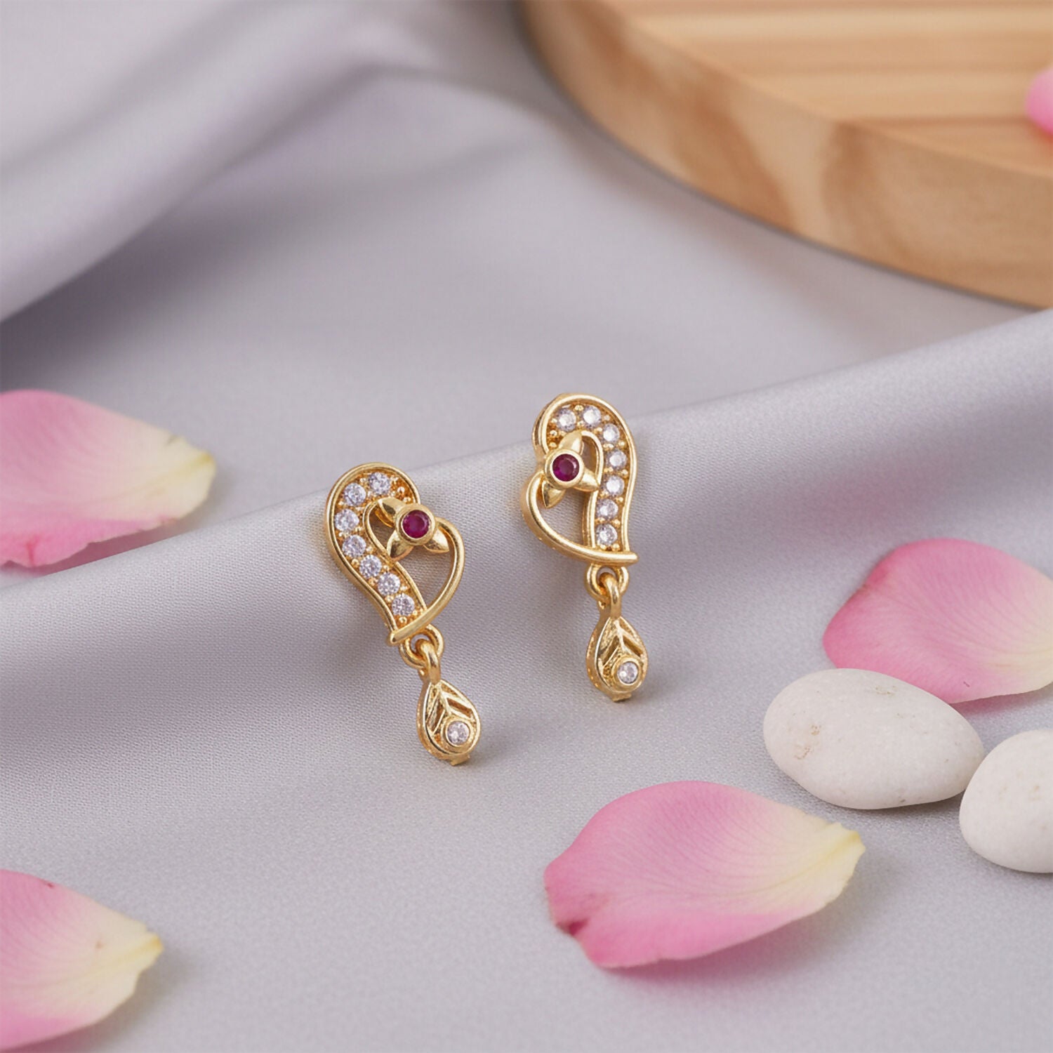 Elegant Gold Paisley Drop Earrings with Ruby Accent