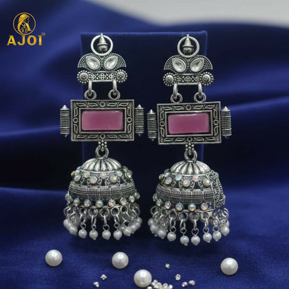 Royal Heirloom Oxidized Silver Jhumka Earrings with Blush Pink Stone, Intricate Hand-Engraved Motifs, Crystal Accents & Pearl Drop Fringe.