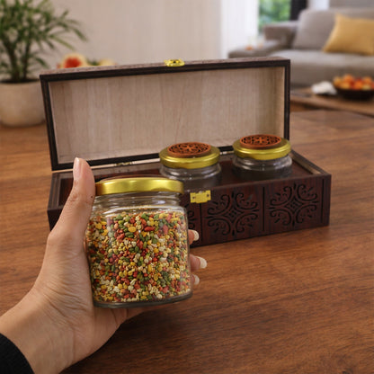 Wooden dry fruit and mukhwas storage gift box displayed on table