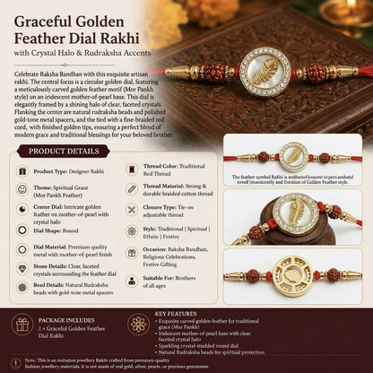 A product infographic detailing the golden feather dial with crystal halo and rudraksha accents, with three smaller views.