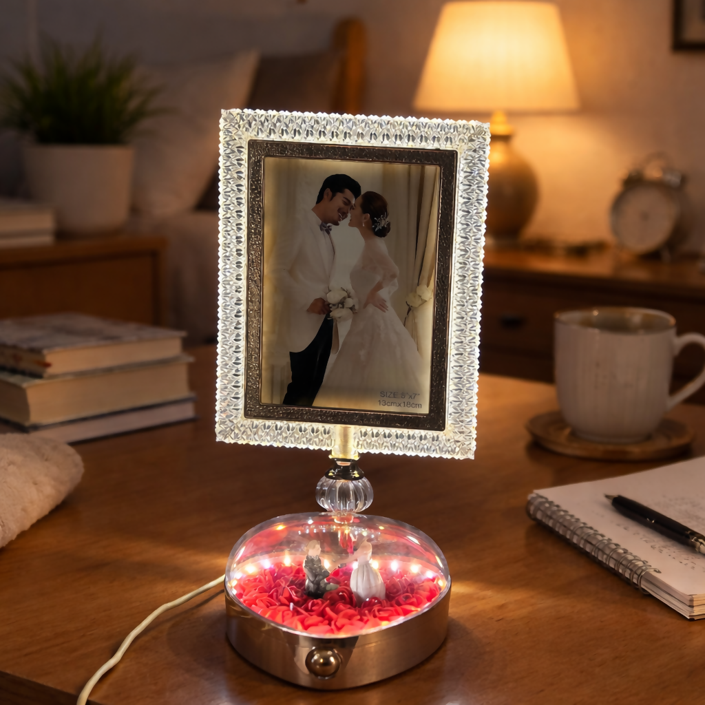 LED Crystal Photo Frame Lamp with Couple Figurine Base Decor