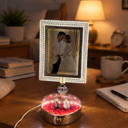 LED Crystal Photo Frame Lamp with Couple Figurine Base Decor