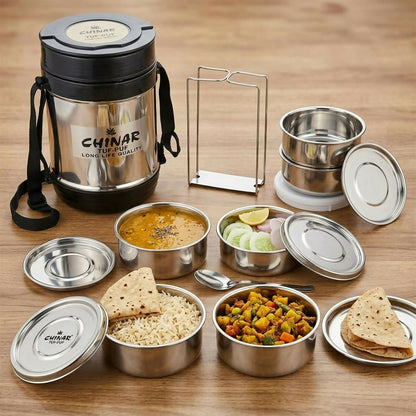 Lunch box with handle and adjustable shoulder strap, sleek silver finish