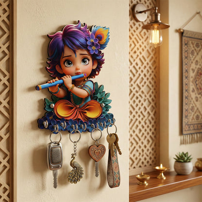 Side view of wall-mounted Krishna key holder with hooks