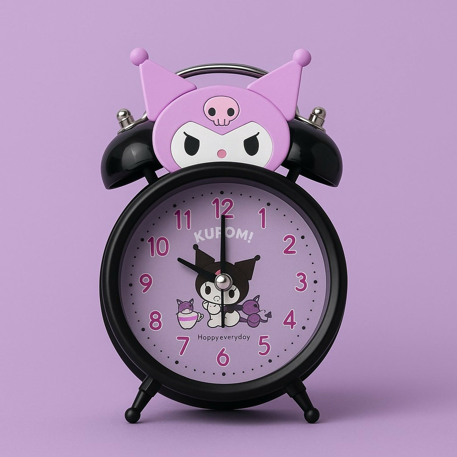 Cute Cartoon Kids Alarm Clock with Night Light, Silent Quartz, Purple Black