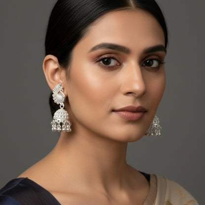 Elegant Silver Finish Peacock Jhumka Earrings
