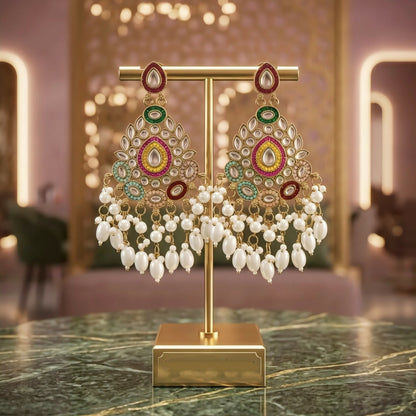 Kundan & Meenakari Handcrafted Chandbali Earrings with Pearl Drops