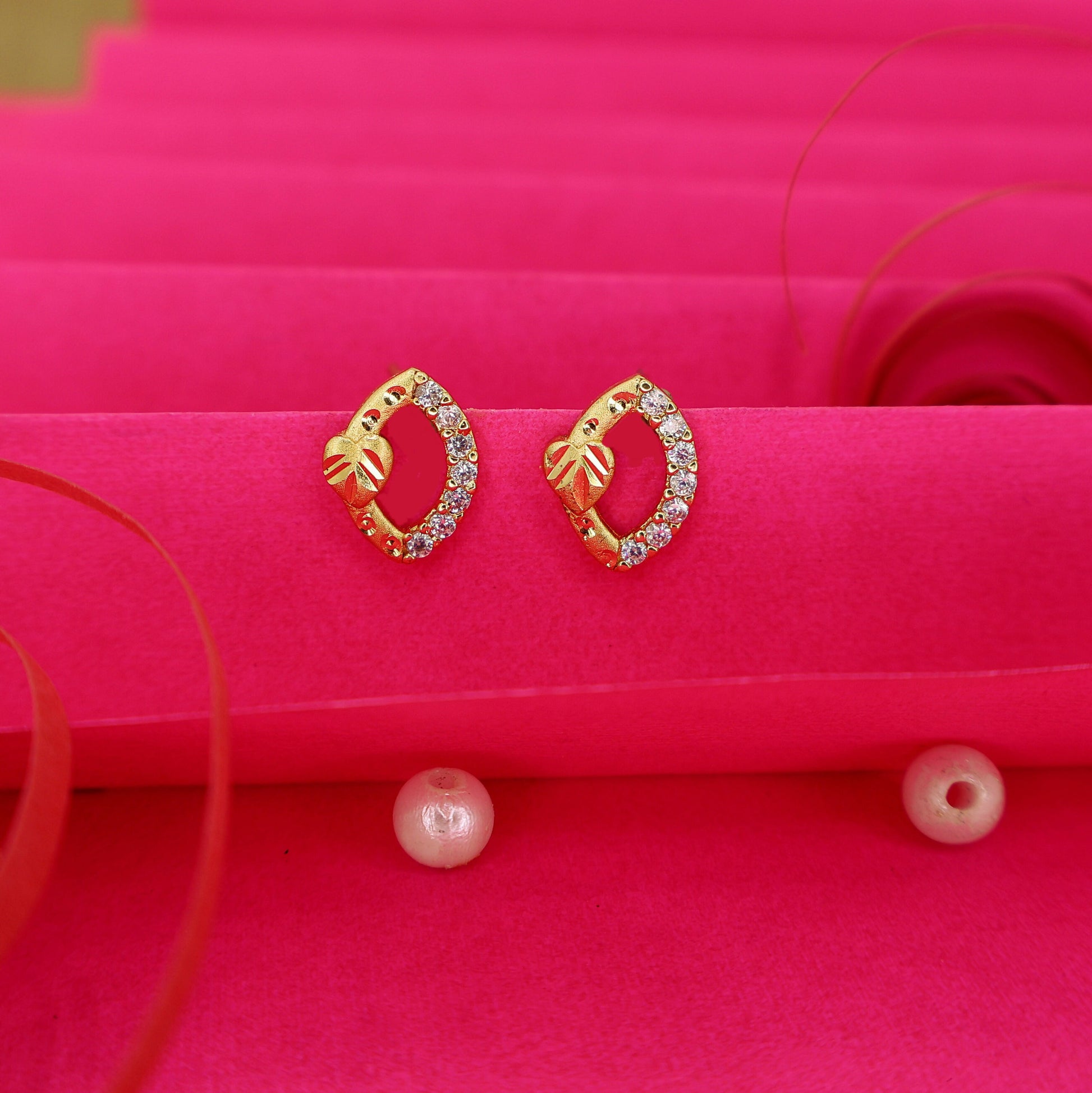 Gold-Plated AD Oval Stud Earrings | Daily Wear Leaf Design for women and girls