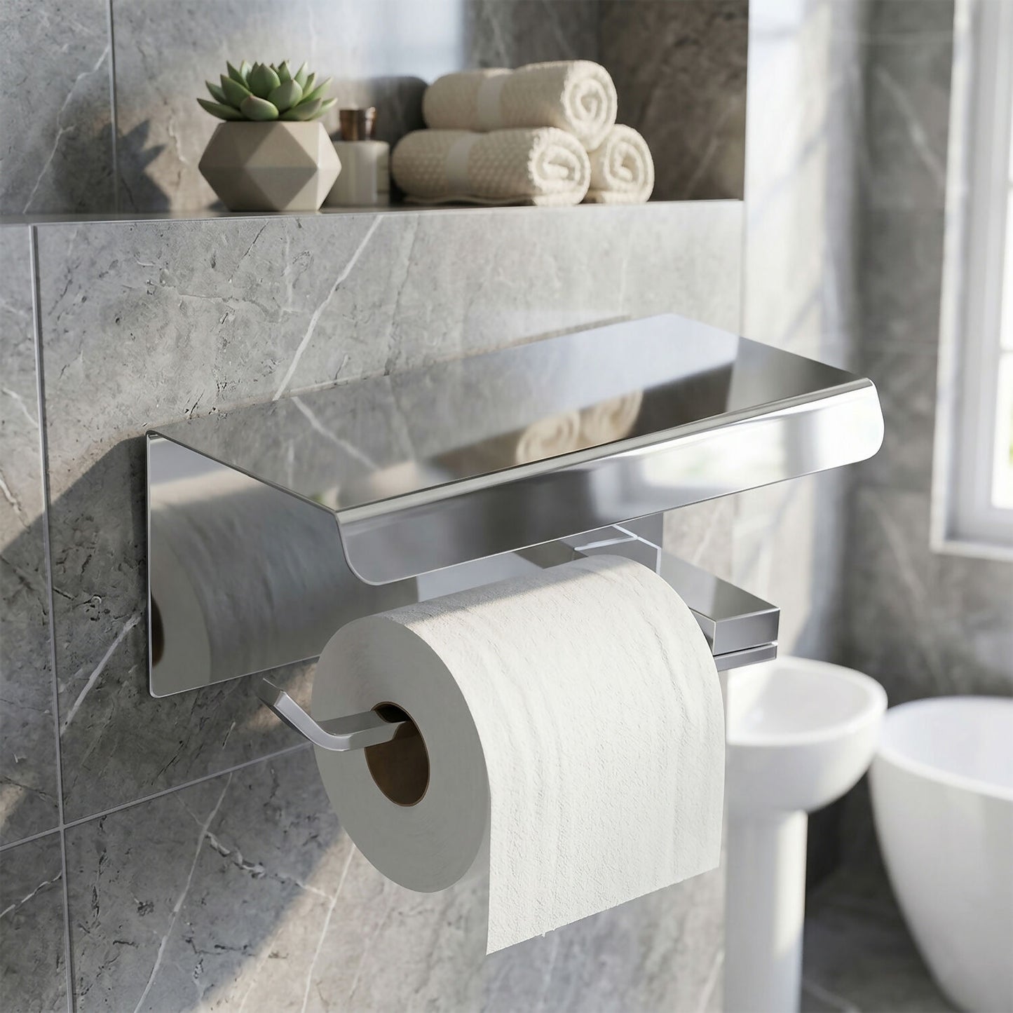 Wall-mounted stainless steel toilet paper holder with top shelf
