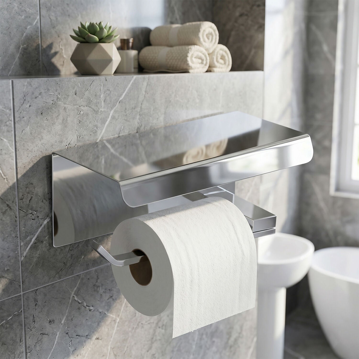 Wall-mounted stainless steel toilet paper holder with top shelf