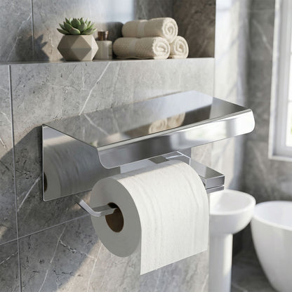 Wall-mounted stainless steel toilet paper holder with top shelf