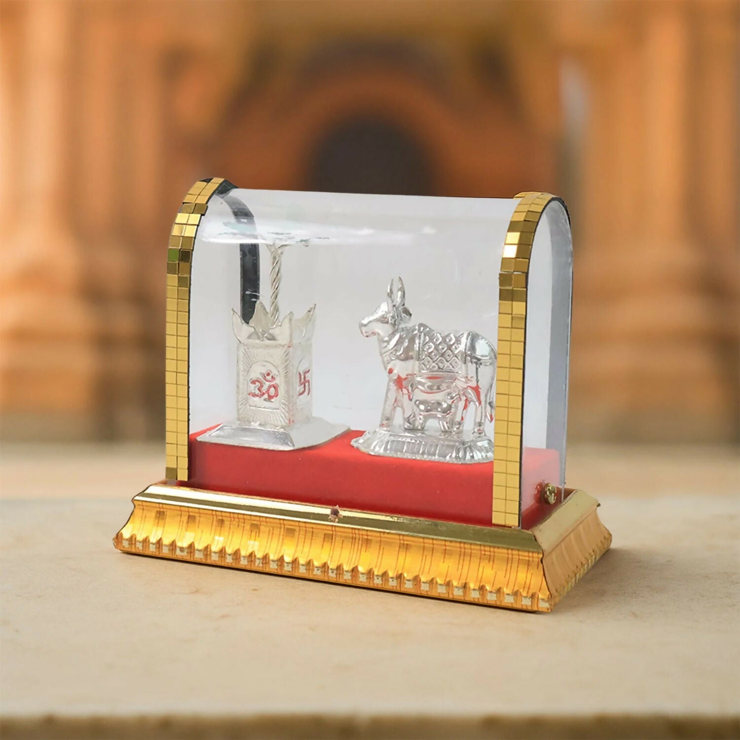 Silver Decorative Cow and Kalash Set in Premium Glass Dome for Pooja and Home DÃ©cor