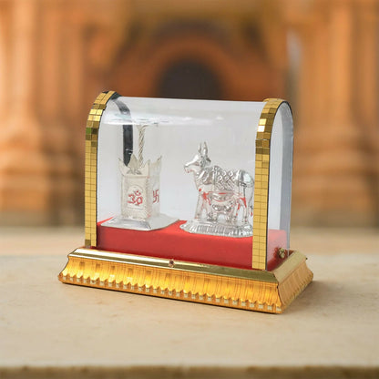 Silver Decorative Cow and Kalash Set in Premium Glass Dome for Pooja and Home DÃ©cor