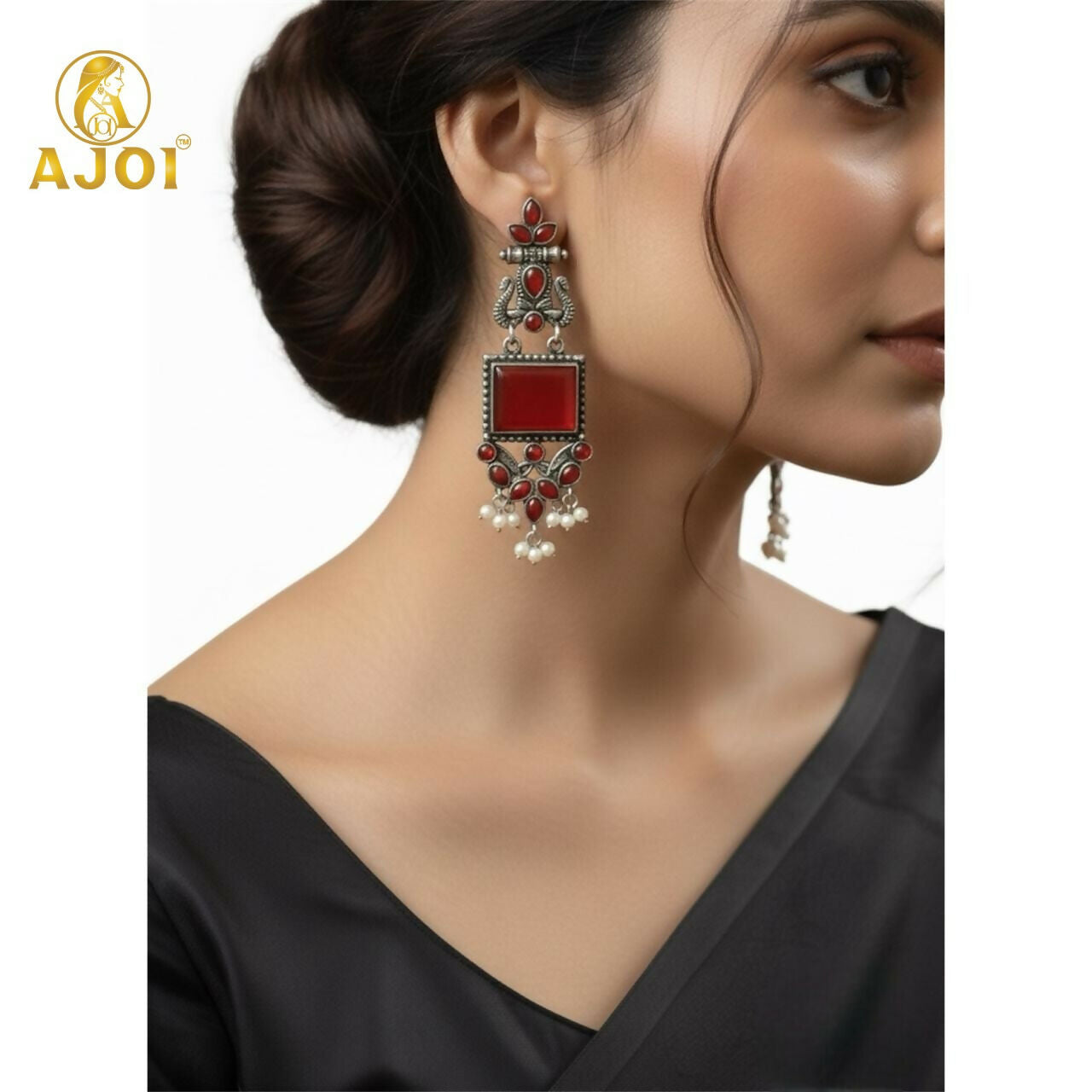 Elegant Red Stone Oxidised Silver Earrings with Pearl Danglers | Ethnic Statement Jewelry