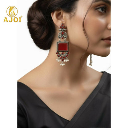 Elegant Red Stone Oxidised Silver Earrings with Pearl Danglers | Ethnic Statement Jewelry