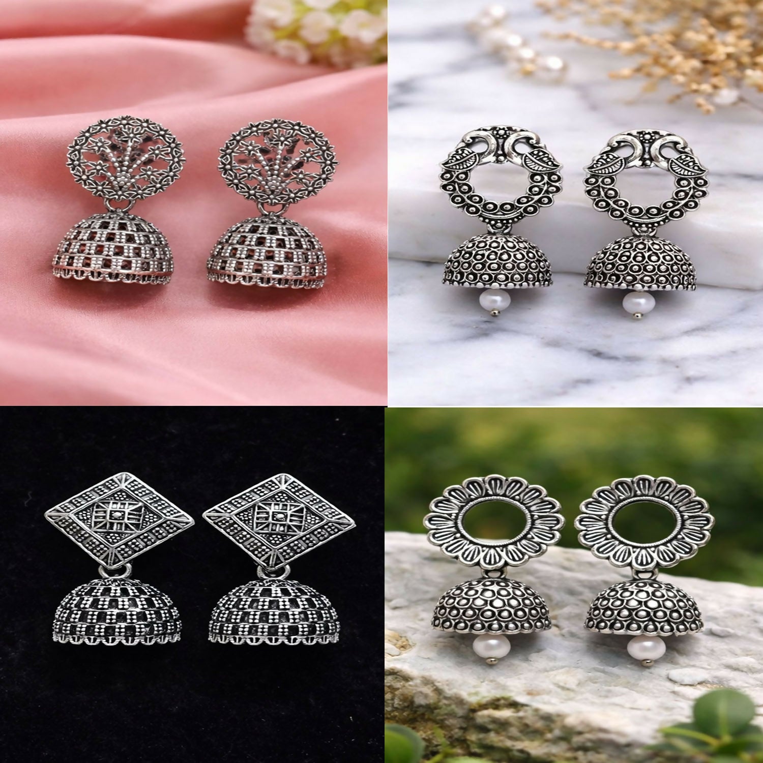 Oxidized Silver Floral Jhumka Earrings for Women – Traditional Ethnic Designer Jewelry (Pack Of 4)