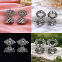 Oxidized Silver Floral Jhumka Earrings for Women – Traditional Ethnic Designer Jewelry (Pack Of 4)