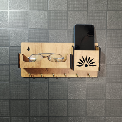 Wooden Wall Mounted Key Holder with Shelf for Mobile, Glasses and Keys