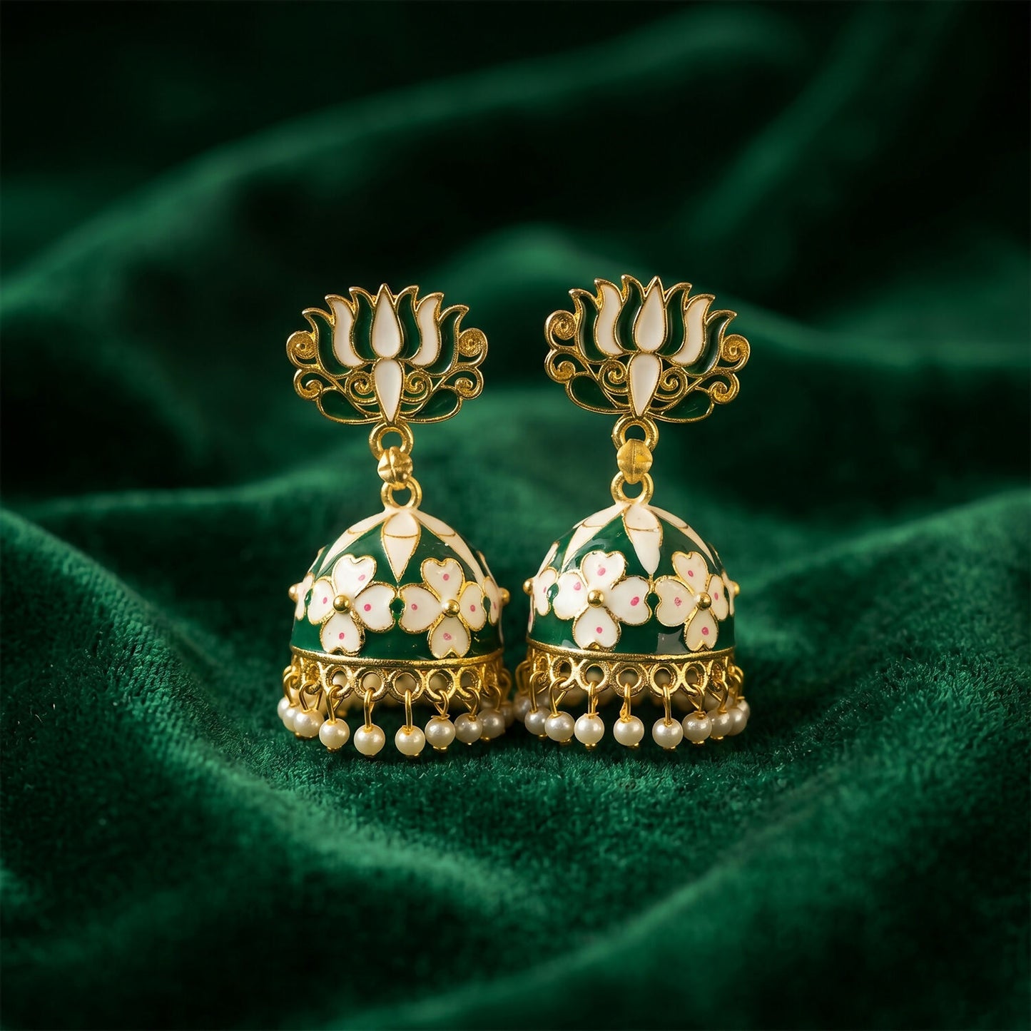 Pair of green lotus jhumka earrings with pearl beads