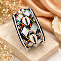 Multicolor Beaded Mirror Work Cuff Bracelet with Shell Accents and Silver-Tone Bells