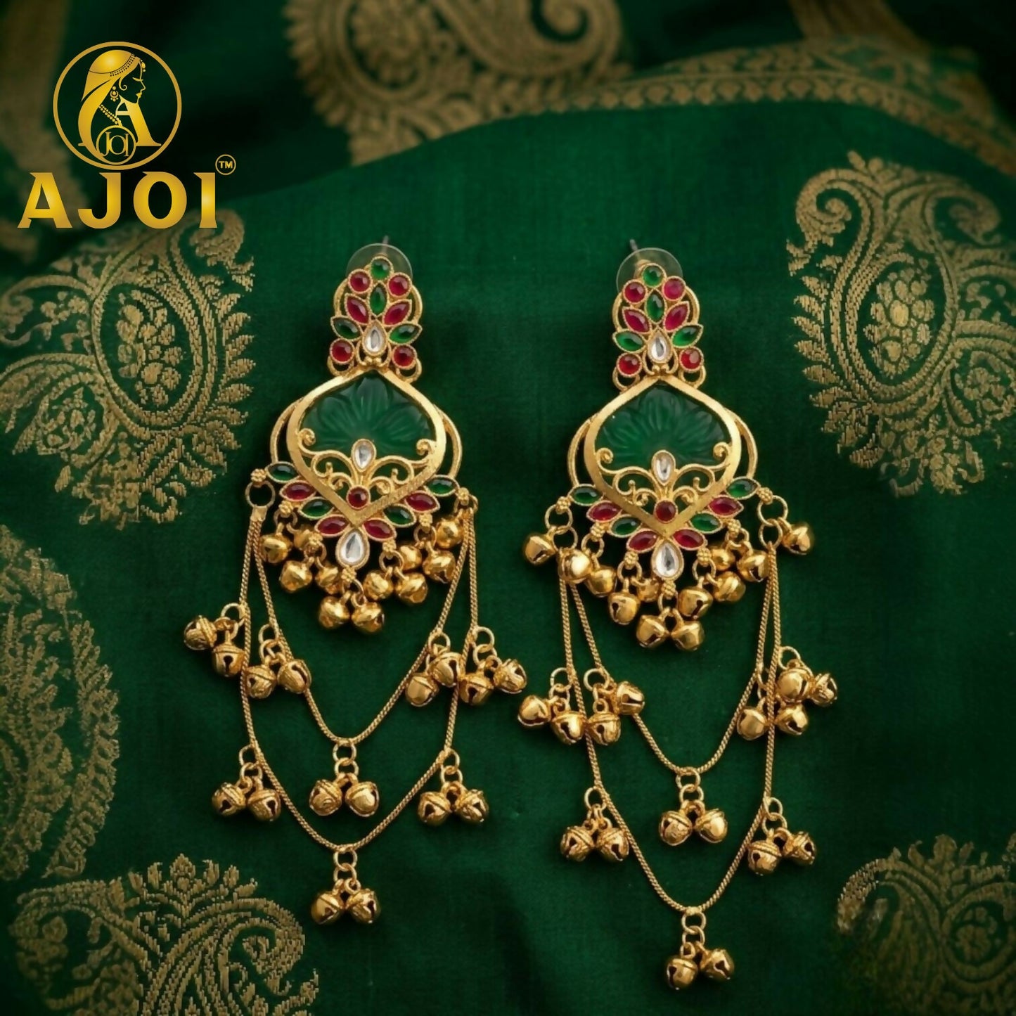 Royal Green Ruby Temple Chandbali Earrings for Bridal & Festive Wear