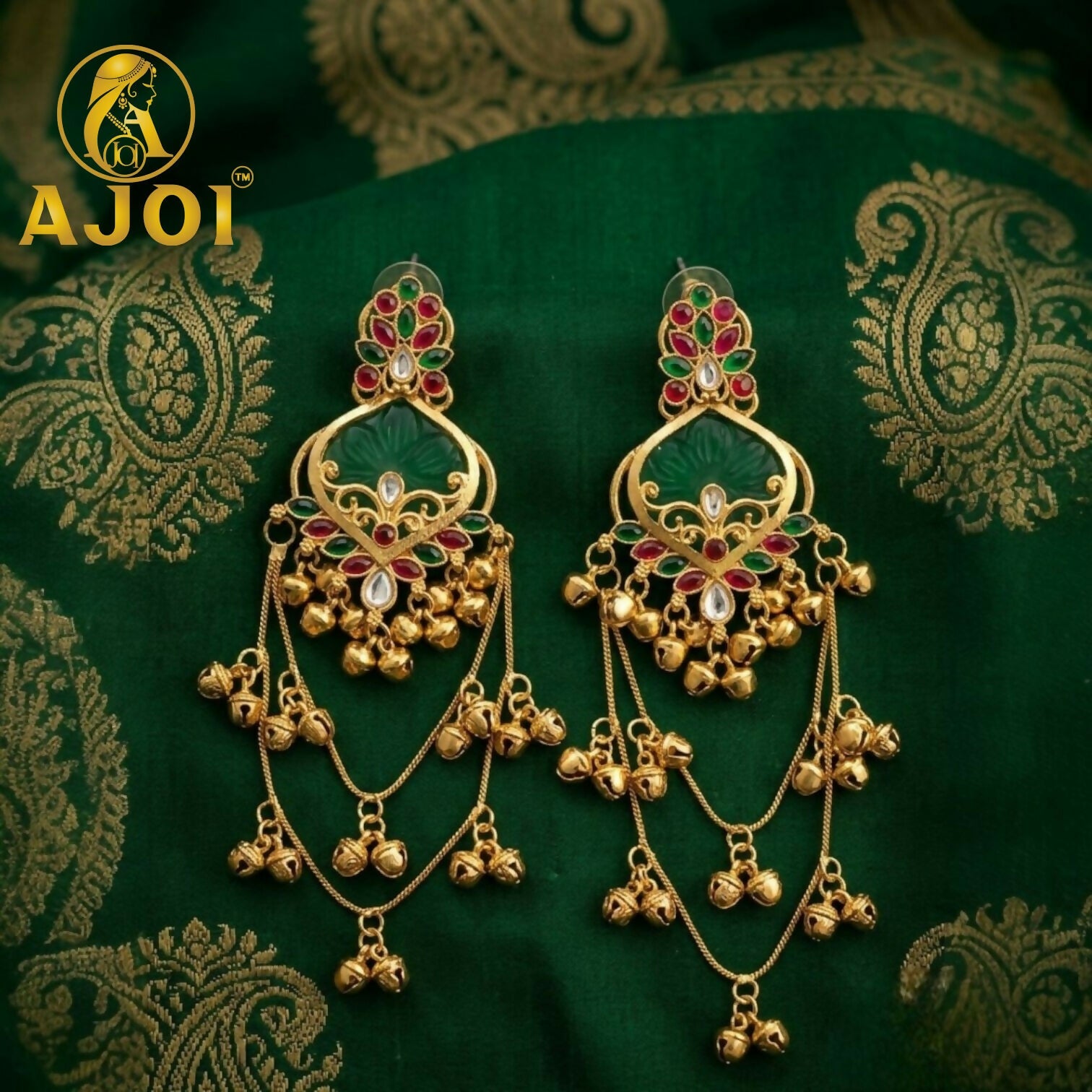 Royal Green Ruby Temple Chandbali Earrings for Bridal & Festive Wear