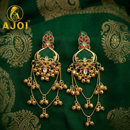 Royal Green Ruby Temple Chandbali Earrings for Bridal & Festive Wear