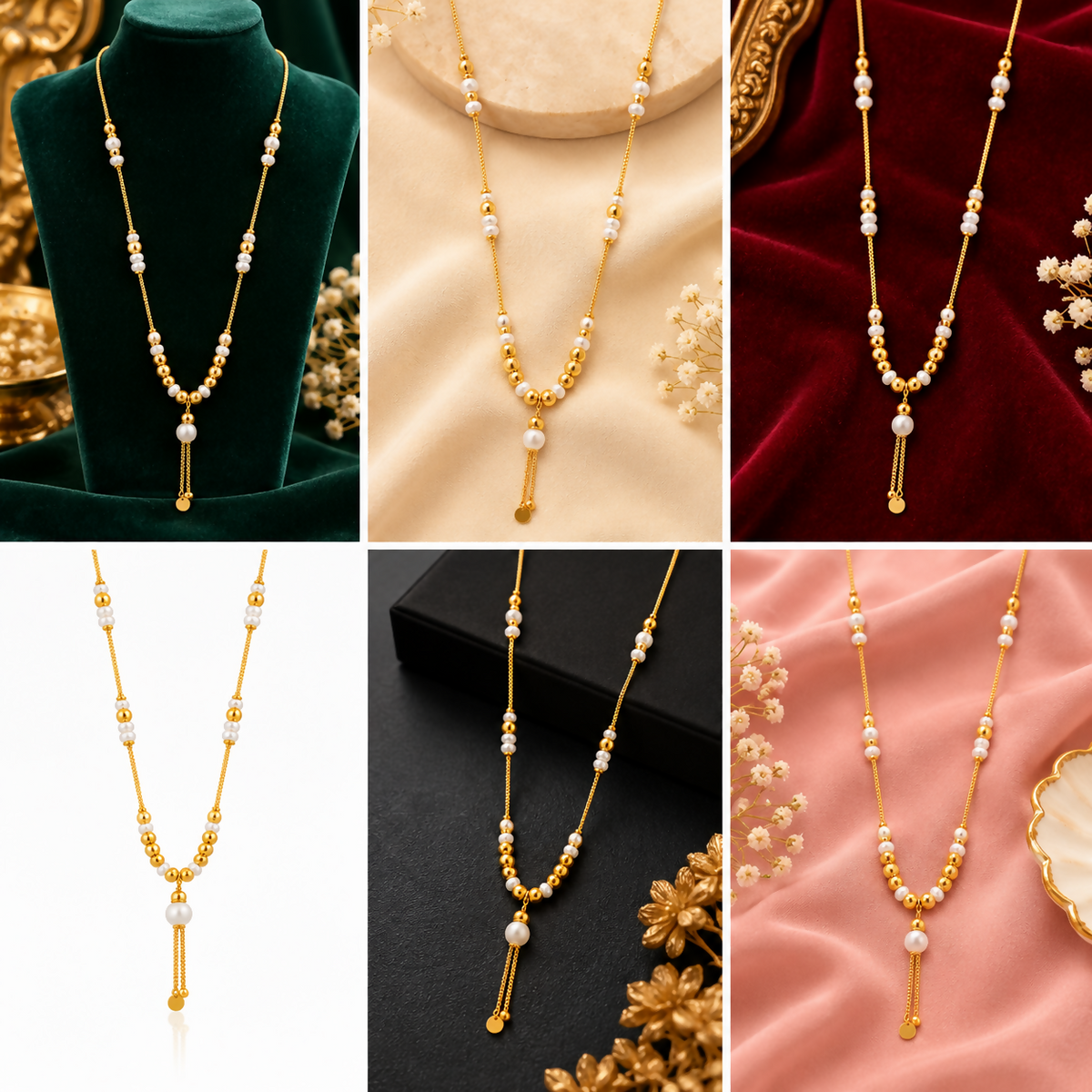 A gold tone necklace with white pearls and gold beads displayed on a dark green velvet bust.