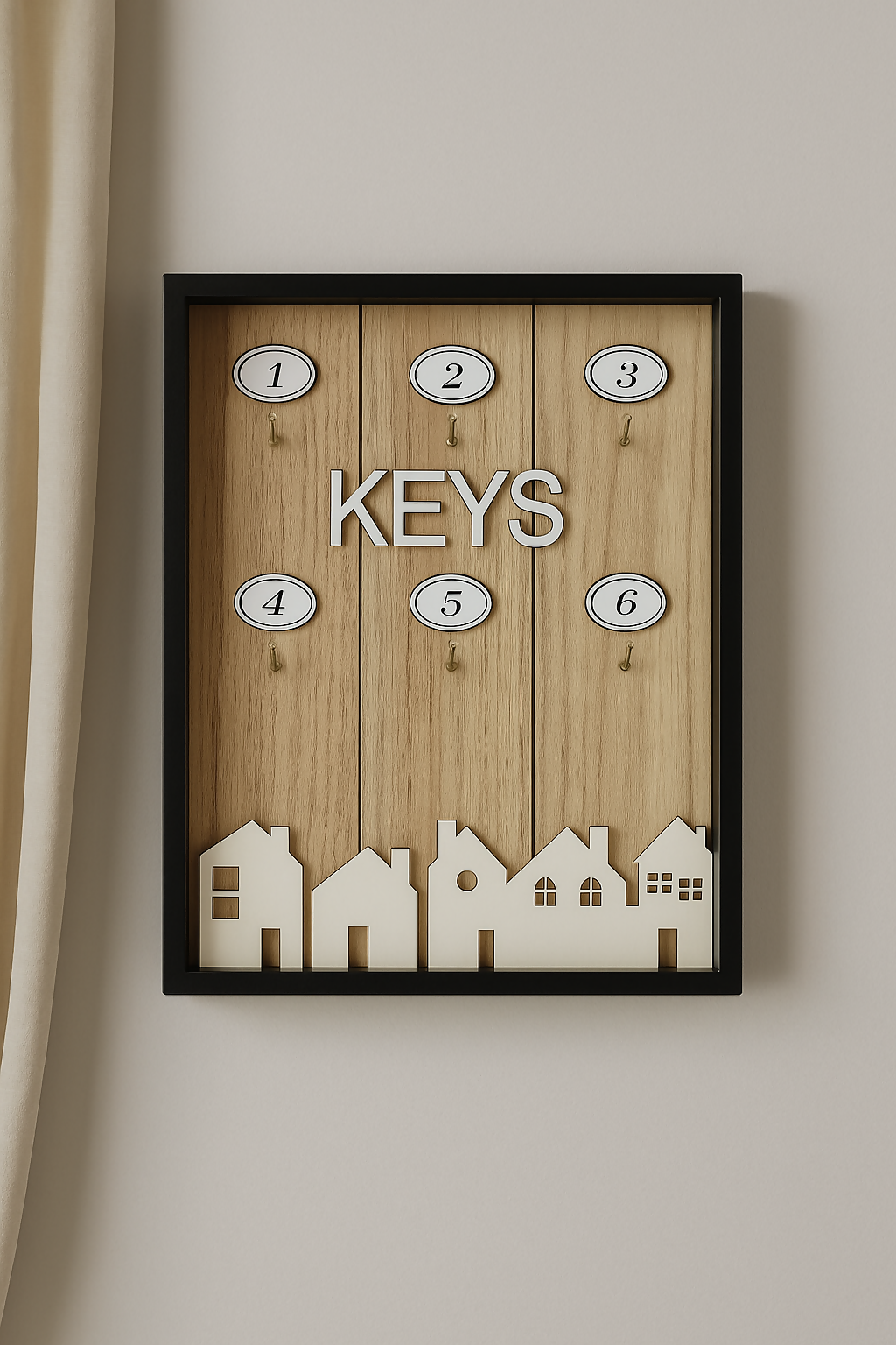 Wooden Key Holder Frame with 6 Numbered Hooks and House Silhouette Cut