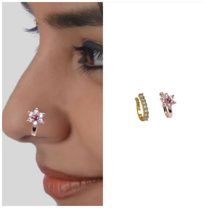 Non-Piercing CZ Nose Clip Set - Flower & Pave Hoop Combo Pack of 2