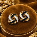 Black and White Knot Stud Earrings with Interwoven Gold-Tone Design for Women