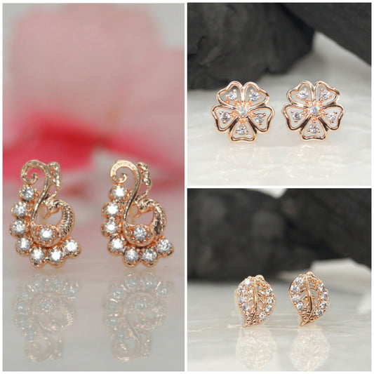 Rose Gold AD Stud Earrings Set | Floral & Peacock Design for women and girls Combo Pack of 3