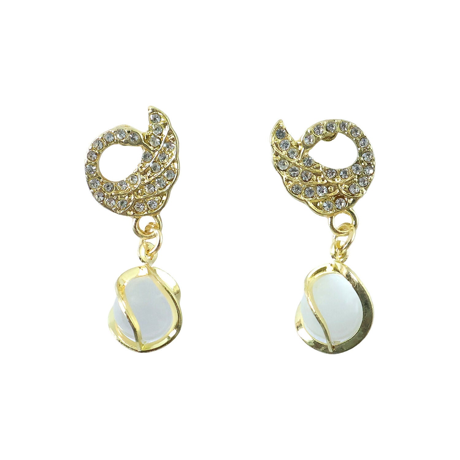 Cat-eye stone detail on swan earrings reflecting light
