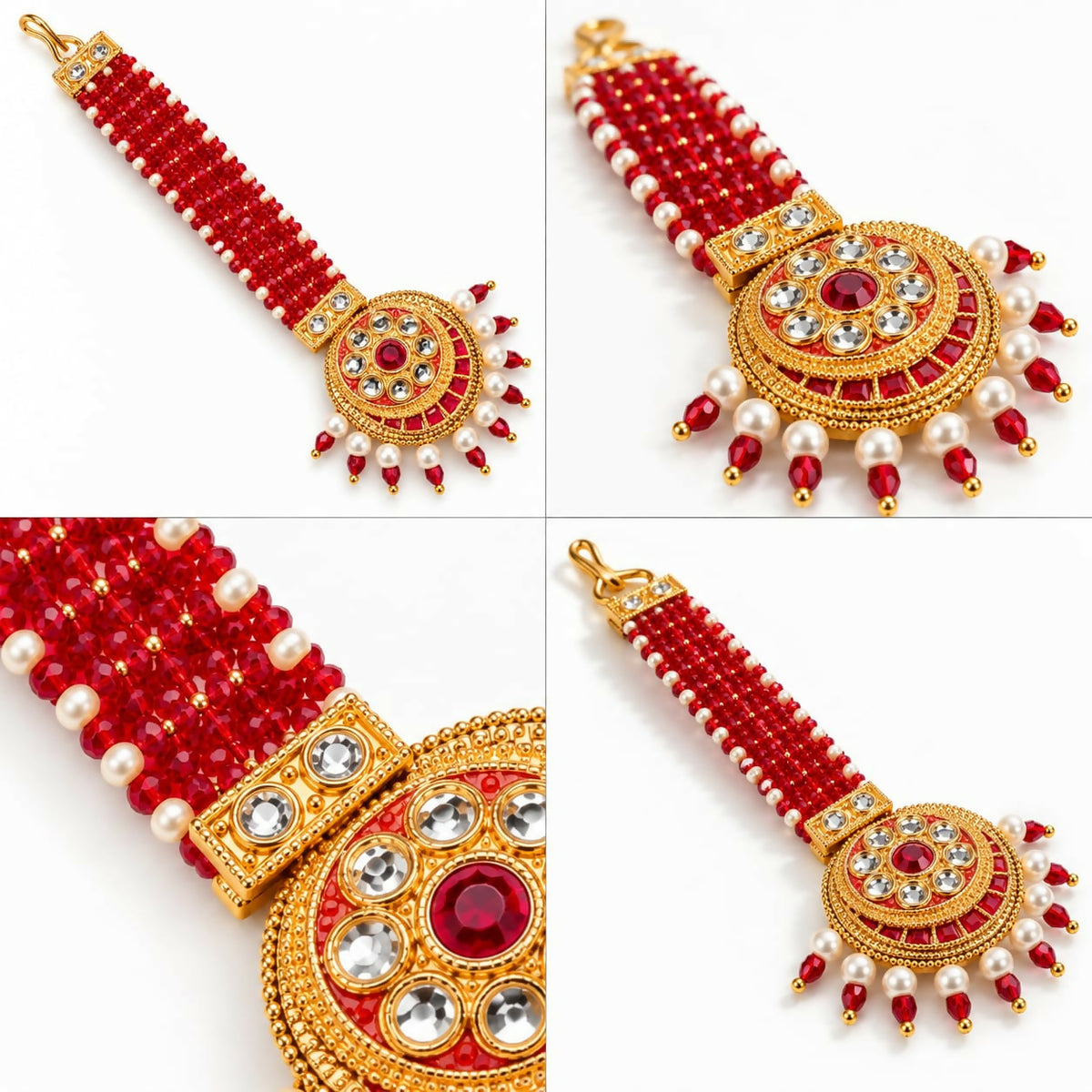 A four-panel grid shows close-up and full views of a gold-plated maang tikka with red and white beads, highlighting its