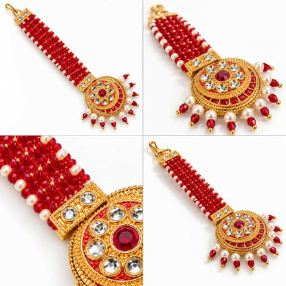 A four-panel grid shows close-up and full views of a gold-plated maang tikka with red and white beads, highlighting its