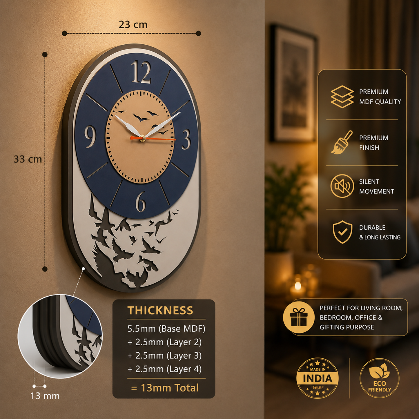 Modern Bird Design Layered MDF Wall Clock Elegant Silent Décor Living Room Office variant view for festive gifting home decor
