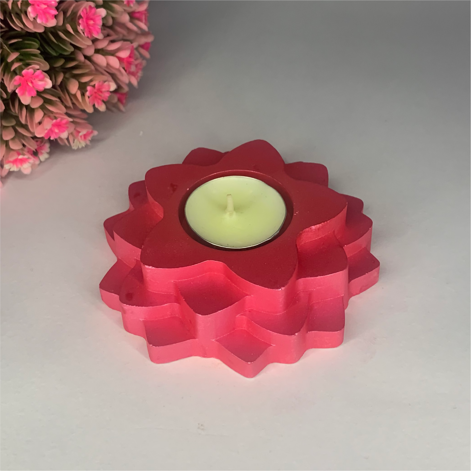 Handmade Flower 4-Step Diya – Metallic Pink | Layered Tealight Holder for Diwali, Pooja & Home Décor | Unique Festival Gift Item