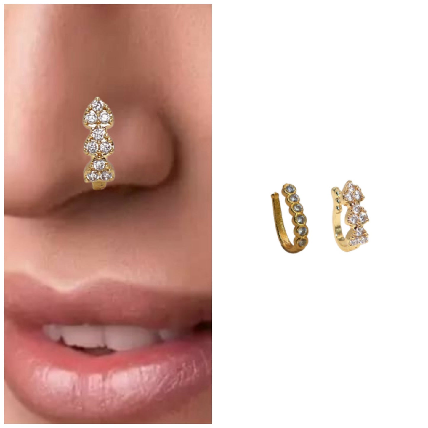 Gold Toned Triple Cluster CZ No Piercing Clip-On Nose Ring Combo Pack of 2