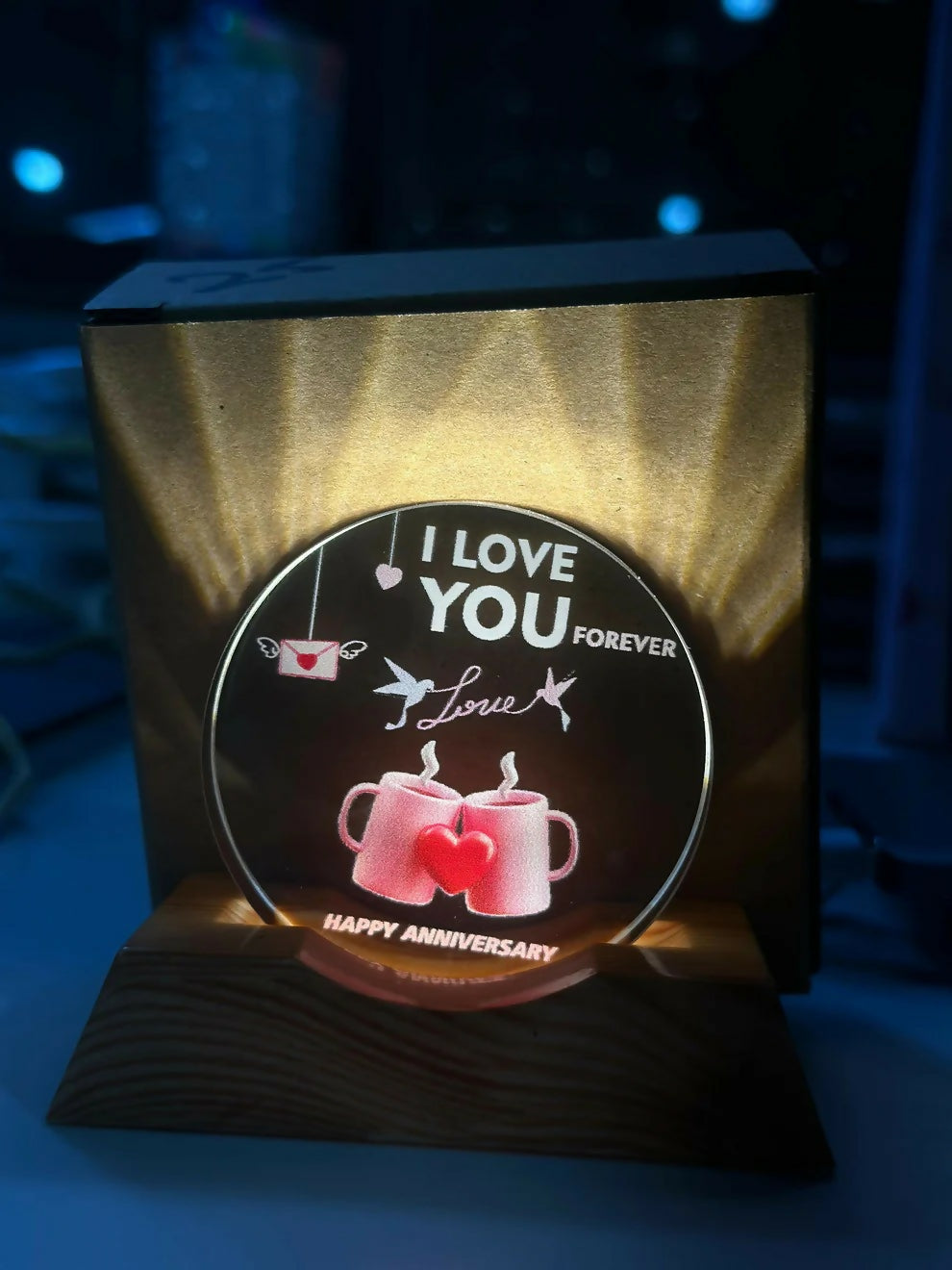 Anniversary Love LED Lamp Wooden Base Romantic Night Light