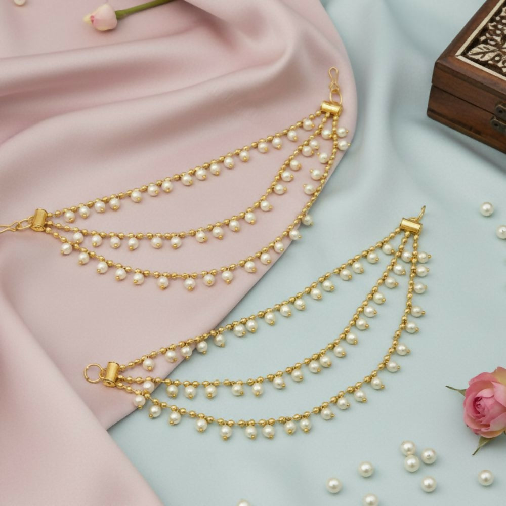 Traditional 3 Line Pearl Drop Kaan Chain styled with ethnic earrings