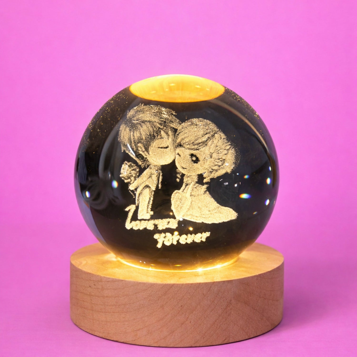 3D Crystal Couple Night Lamp with Wooden Base, USB Powered Romantic Light with writing LOVE YOU FOREVER