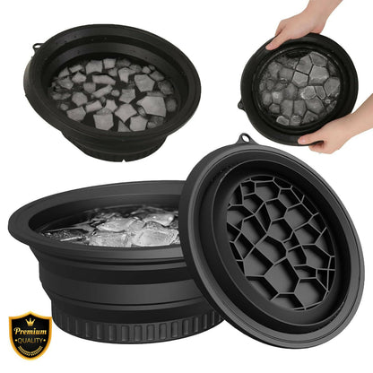 A black silicone ice mold with crushed ice is shown open and closed, with hands pressing the lid.